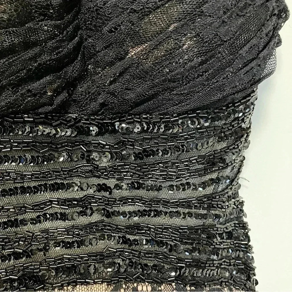 Betsy & Adam black lace floral sheer  sequin asymmetrical gown - Picture 4 of 11